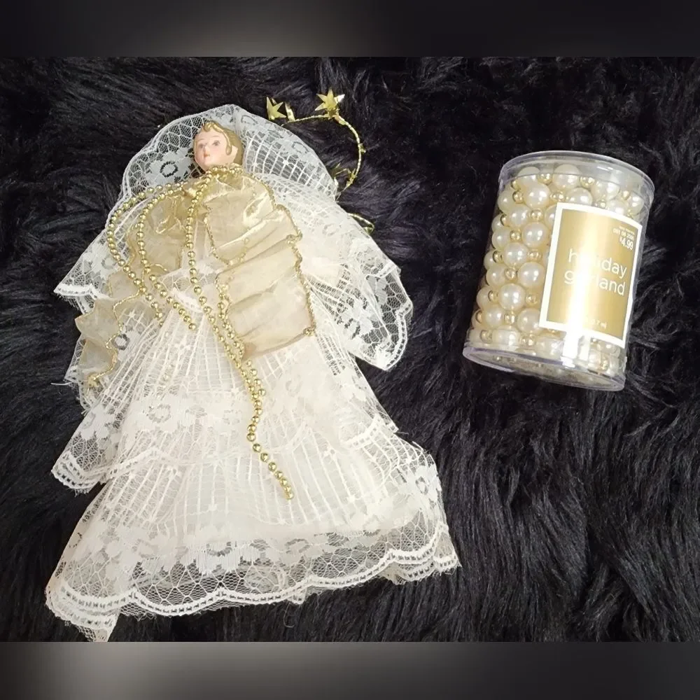 Small Angel Christmas tree Topper and 9ft Pearl and Gold Toned Beaded Garland